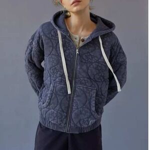 BDG Urban Outfitters Quilted Blue Zip Up Embroidered Hoodie Sweatshirt